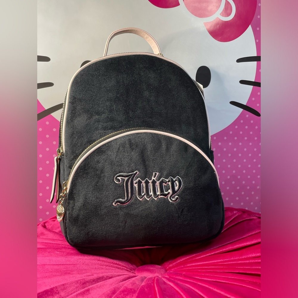 Black and Pink Embroidered “QUEEN OF EVERYTHING “ Juicy Couture Velvet Backpack